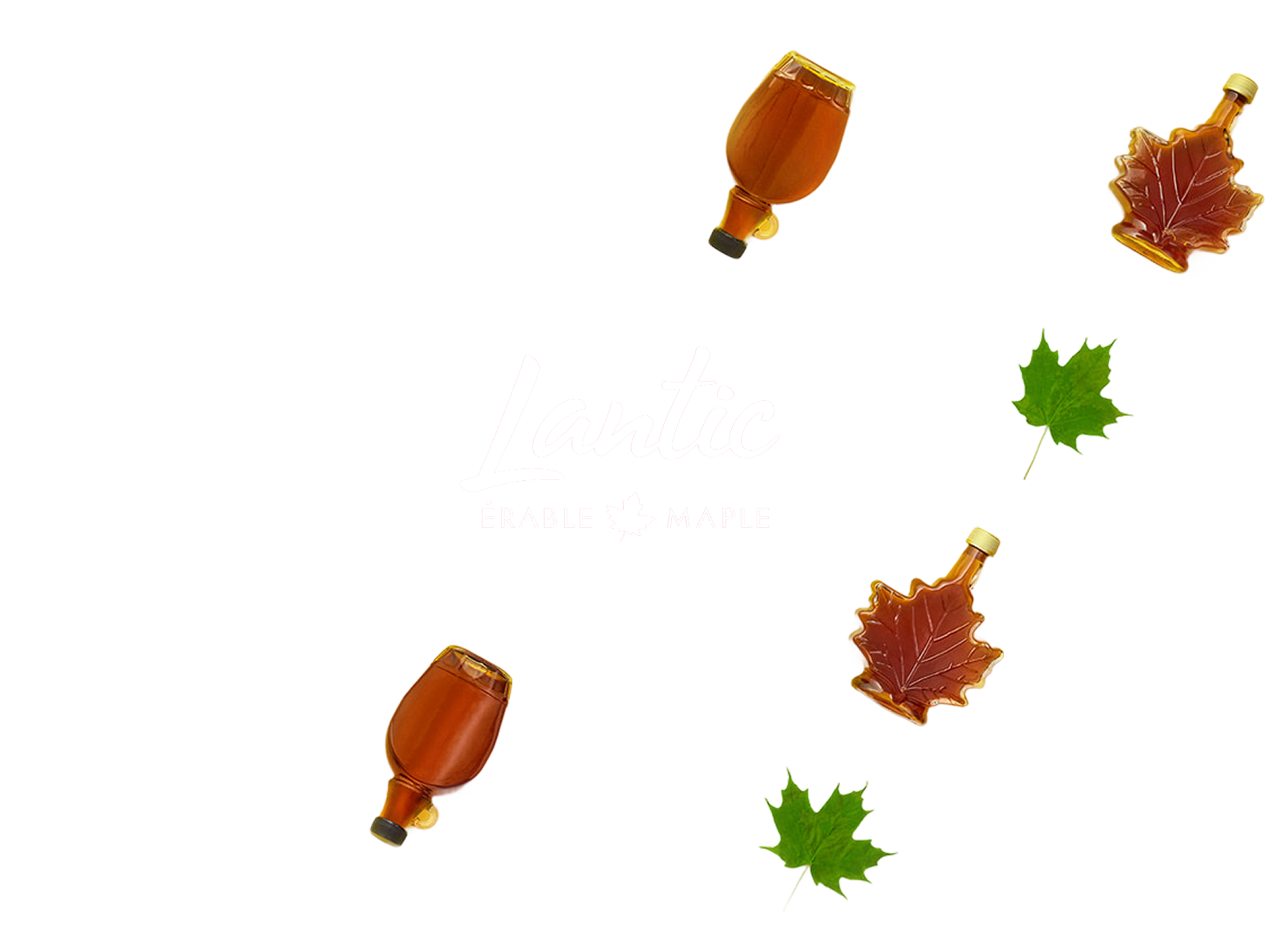 The Maple Treat Corp.  logo made with maple sugar with bottles of maple syrup and maple leaves surrounding it.