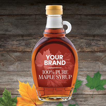 Two private label maple syrup glass bottles and one plastic jug.